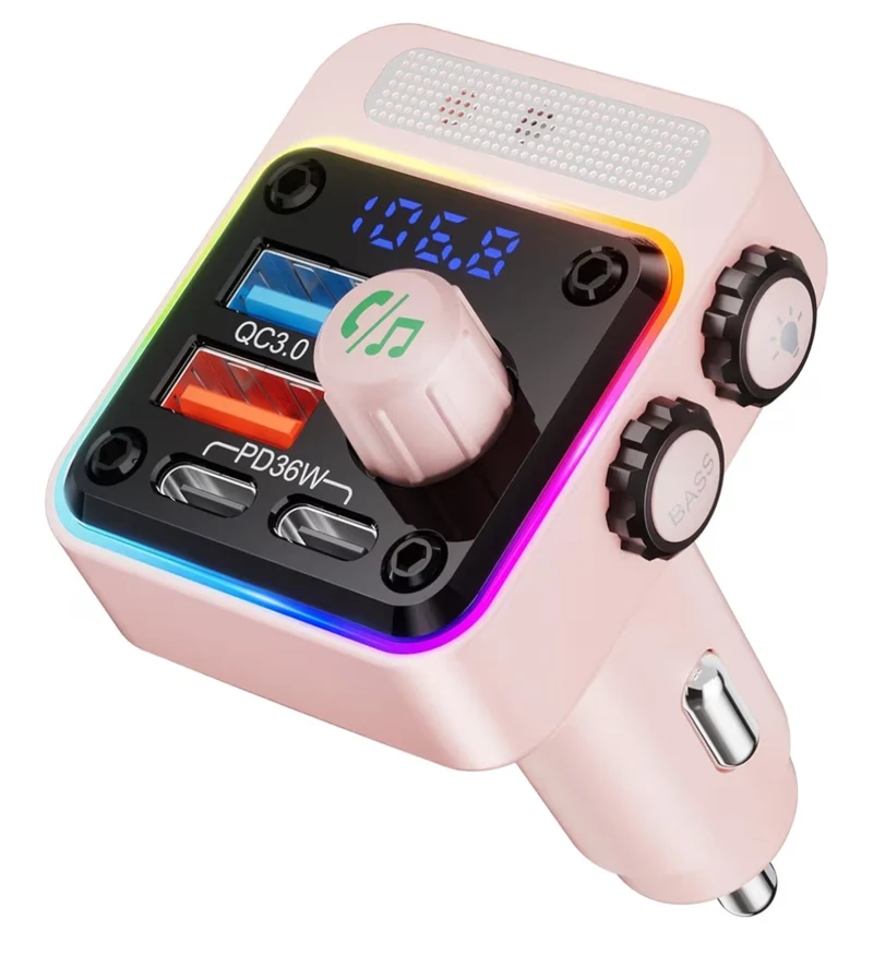 54W Bluetooth 5.3 Car Adapter w/ 4 Charging Ports Wireless Radio FM Transmitter & 5 Colors LED Backlit, Hands-Free Calling - Pink