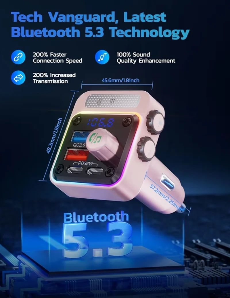 54W Bluetooth 5.3 Car Adapter w/ 4 Charging Ports Wireless Radio FM Transmitter & 5 Colors LED Backlit, Hands-Free Calling - Pink