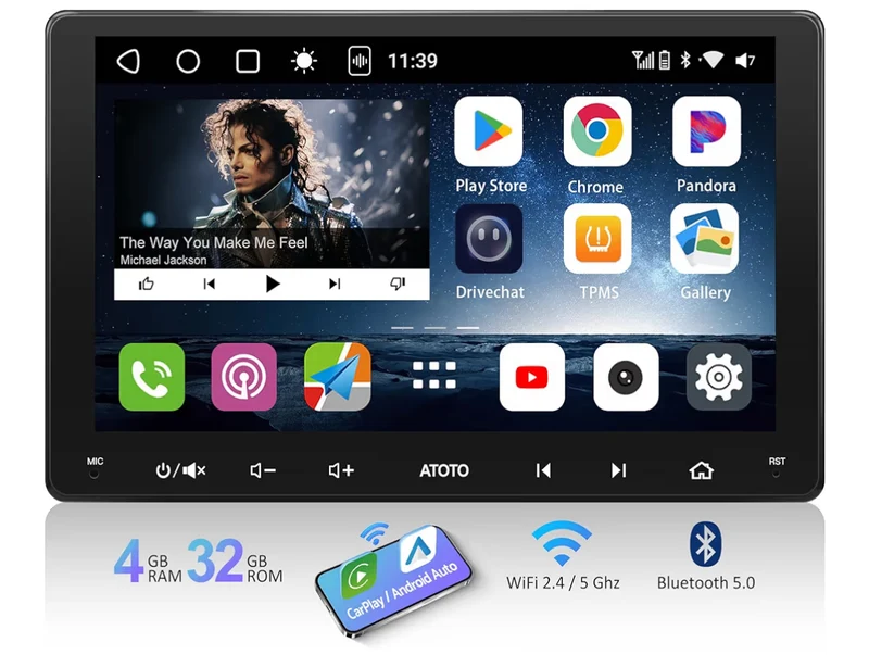 9" Double Din Car Stereo Wireless CarPlay & Android Auto QLED Touchscreen, Dual Bluetooth, GPS Tracking
