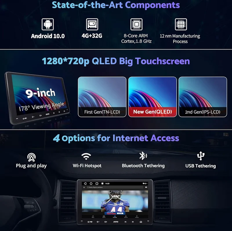 9" Double Din Car Stereo Wireless CarPlay & Android Auto QLED Touchscreen, Dual Bluetooth, GPS Tracking