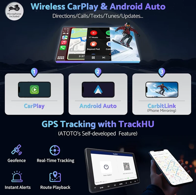 9" Double Din Car Stereo Wireless CarPlay & Android Auto QLED Touchscreen, Dual Bluetooth, GPS Tracking