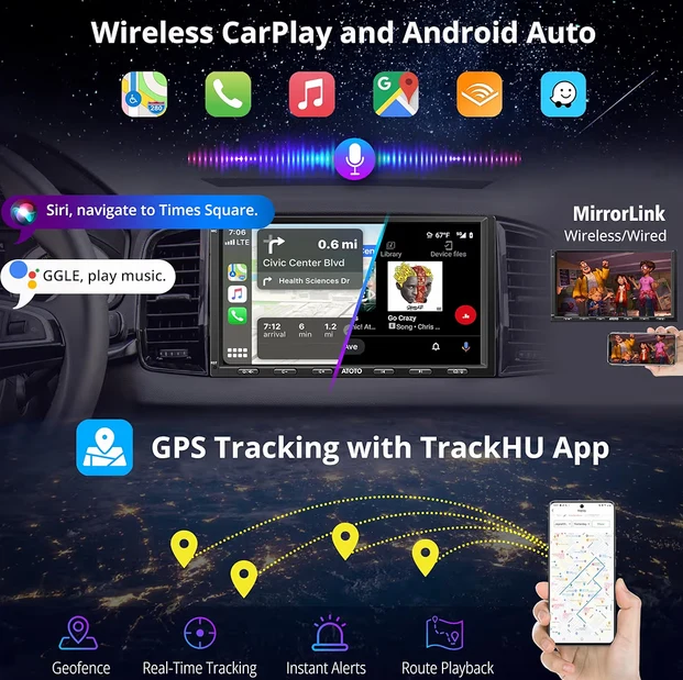 7" QLED Touchscreen Double Din Car Stereo Wireless CarPlay Android Auto Bluetooth,HDMI - NEW
