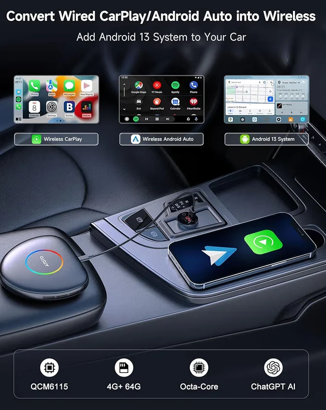CB6C AI Box Wireless CarPlay/AndroidAuto Adapter w/ YouTube, Car Video Box GPS Navigation Expandable to 256GB