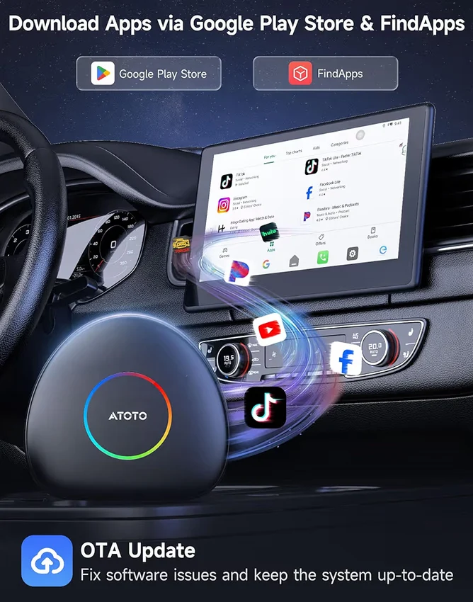 CB6C AI Box Wireless CarPlay/AndroidAuto Adapter w/ YouTube, Car Video Box GPS Navigation Expandable to 256GB