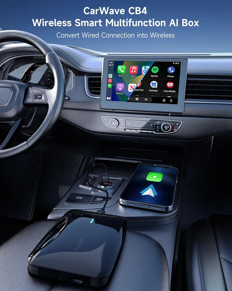 AI Box Upgrade Wireless CarPlay/Android Auto Adapter Compatible w/ YouTube, Plug & Play Smart AI Box Support, Dual Bluetooth, GPS Track