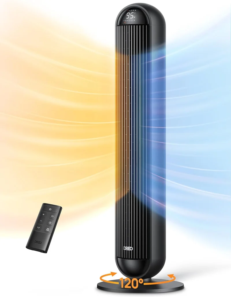 Heater Fan, 42" Electric Heaters for Indoor Use w/ Thermostat, 5 Heat & 12 Fan Levels, 120° Oscillation, 12H Timer, 25dB Quiet, Ceramic w/ Remote for Large Room - Black
