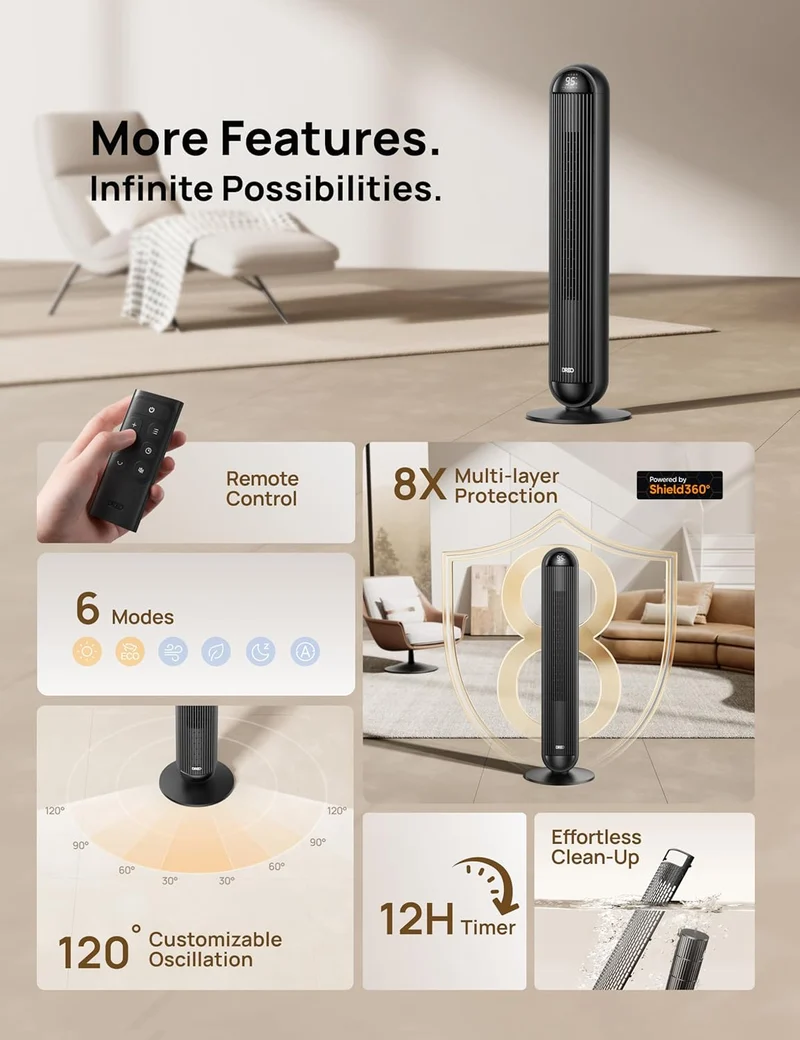 Heater Fan, 42" Electric Heaters for Indoor Use w/ Thermostat, 5 Heat & 12 Fan Levels, 120° Oscillation, 12H Timer, 25dB Quiet, Ceramic w/ Remote for Large Room - Black