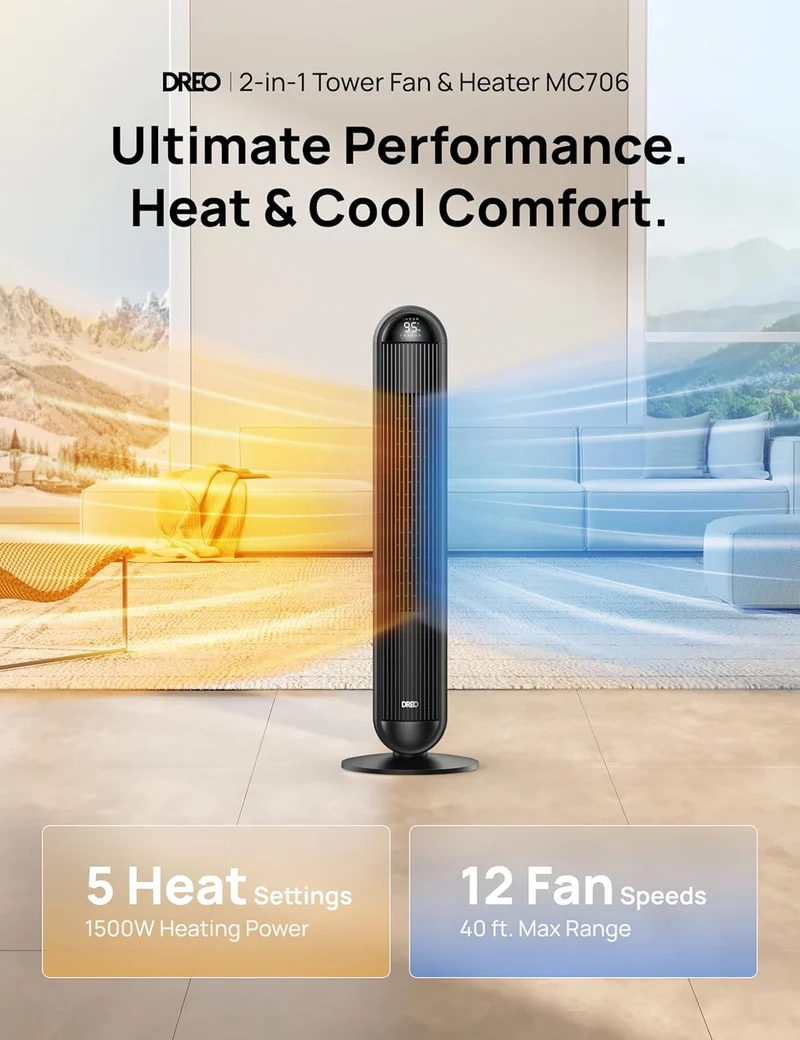 Heater Fan, 42" Electric Heaters for Indoor Use w/ Thermostat, 5 Heat & 12 Fan Levels, 120° Oscillation, 12H Timer, 25dB Quiet, Ceramic w/ Remote for Large Room - Black