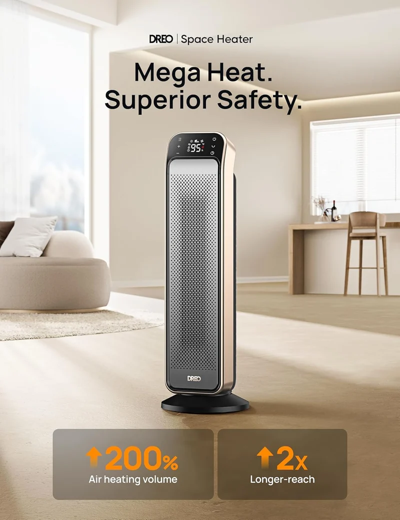 Space Heater Indoor, 25" 11.5ft/s Fast Portable w/ Remote and Anti-Burn Plug, 3 Modes for Indoor Use Large Room - Gold