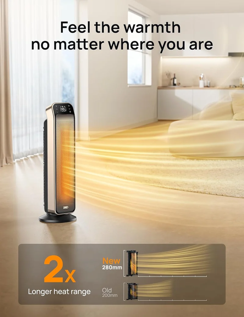 Space Heater Indoor, 25" 11.5ft/s Fast Portable w/ Remote and Anti-Burn Plug, 3 Modes for Indoor Use Large Room - Gold