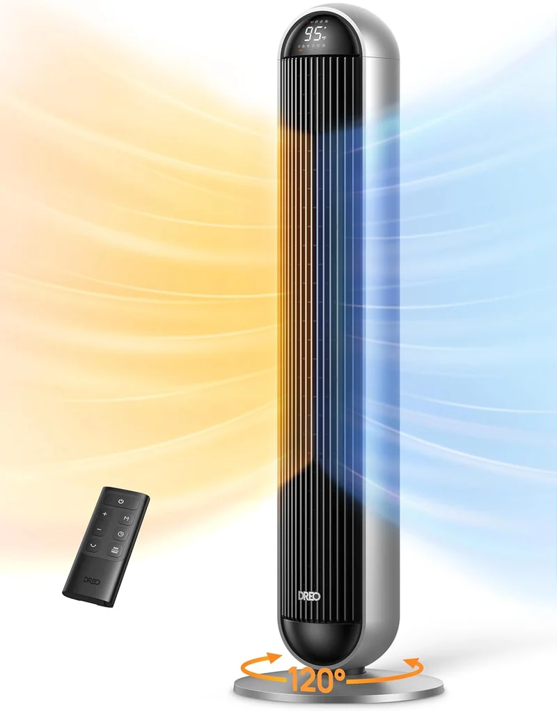 Tower Fan and Heater Combo, 29.2ft/s Standing 17 Levels, 6 Modes, 120° Oscillation, 42 Inch, 12H Timer, 25dB Quiet, w/ Remote - Silver