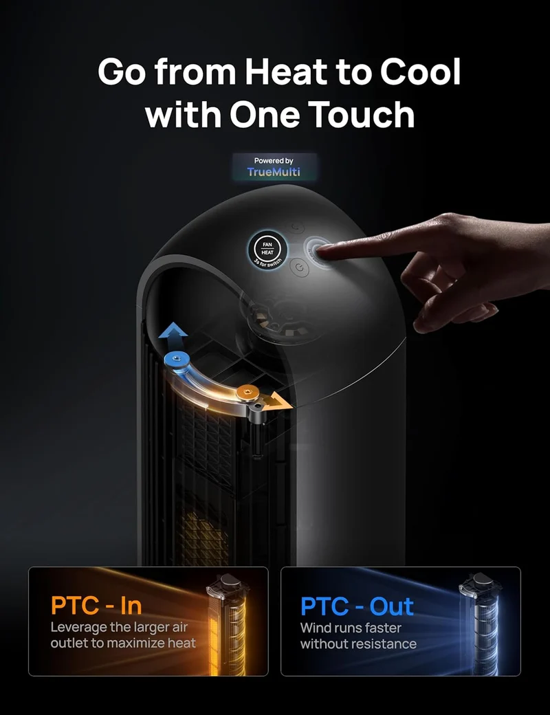 Tower Fan and Heater Combo, 29.2ft/s Standing 17 Levels, 6 Modes, 120° Oscillation, 42 Inch, 12H Timer, 25dB Quiet, w/ Remote - Silver