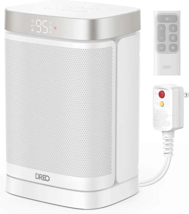 Space Heater 1500W Safe and Quiet PTC Ceramic Heater, 41-95°F Digital Thermostat, 70°Oscillating, Remote, ALCI Safety Plug, 12h Timer, 5 Modes - White