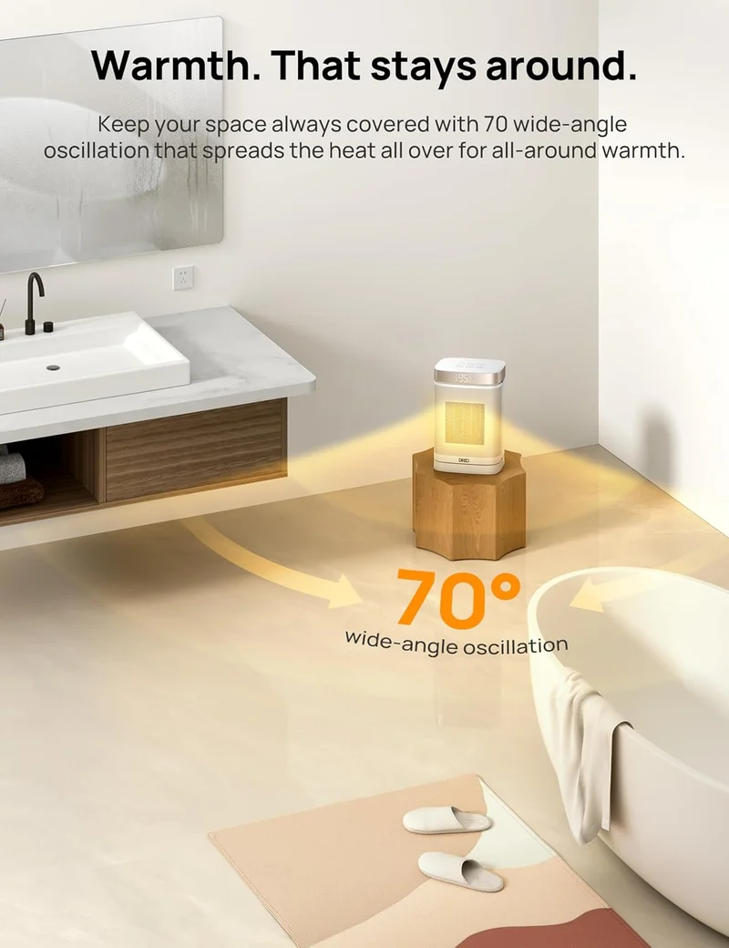 Space Heater 1500W Safe and Quiet PTC Ceramic Heater, 41-95°F Digital Thermostat, 70°Oscillating, Remote, ALCI Safety Plug, 12h Timer, 5 Modes - White