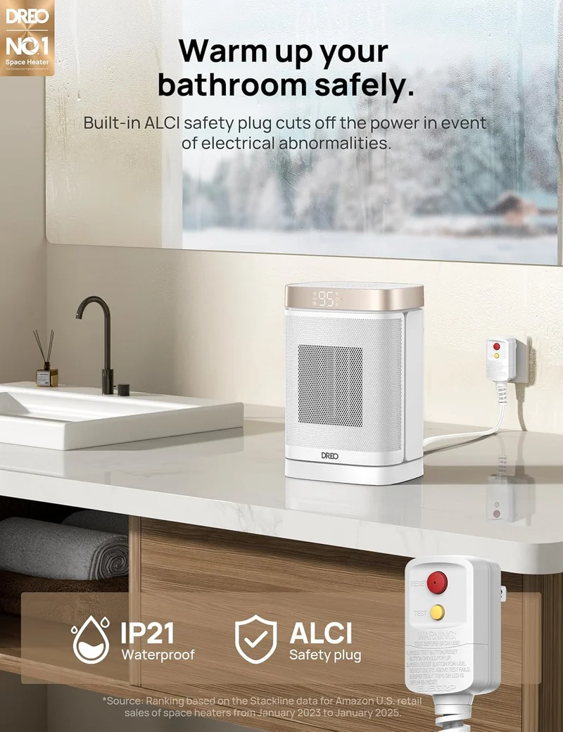 Space Heater 1500W Safe and Quiet PTC Ceramic Heater, 41-95°F Digital Thermostat, 70°Oscillating, Remote, ALCI Safety Plug, 12h Timer, 5 Modes - White