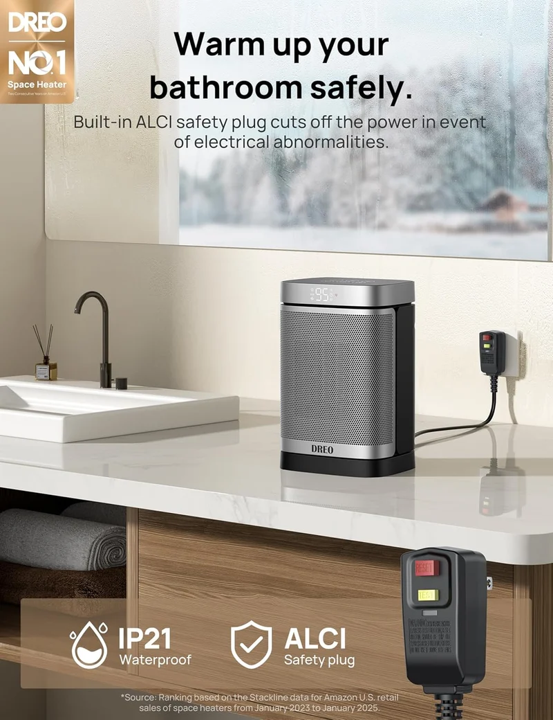 Space Heater 1500W Safe and Quiet PTC Ceramic Heater, 41-95°F Digital Thermostat, 70°Oscillating, Remote, ALCI Safety Plug, 12h Timer, 5 Modes