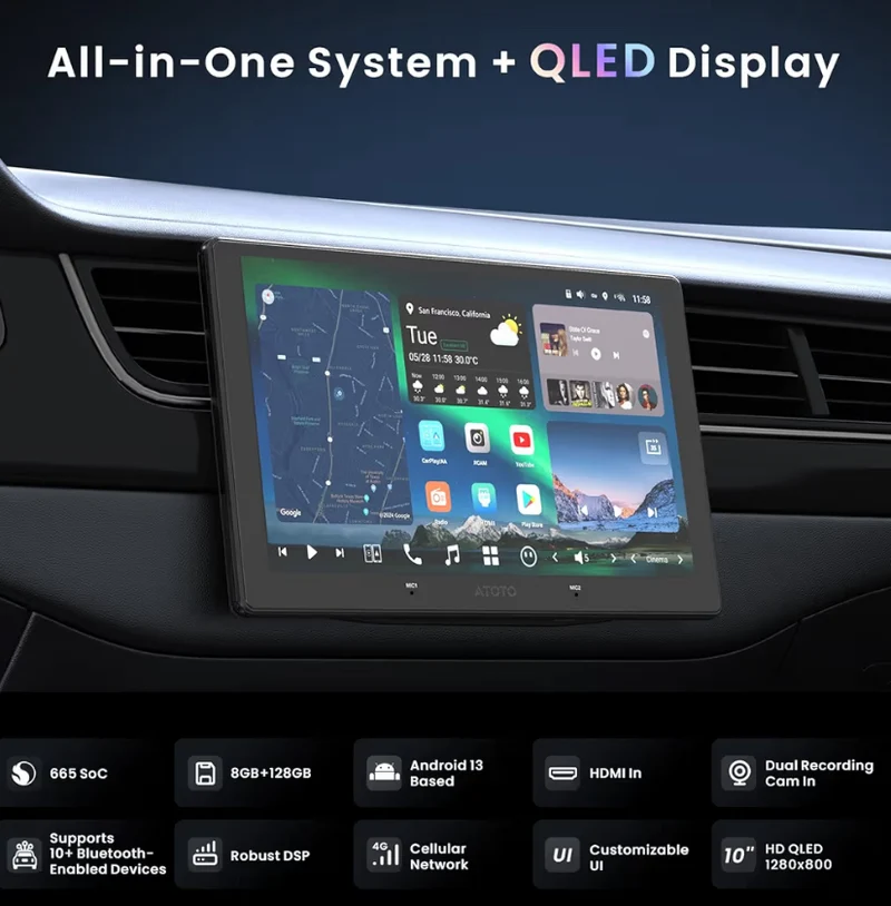 10" QLED Car Stereo Double Din, Wireless Carplay & Android Auto, 4G LTE, Dual WiFi, 7.1.2 Channel Audio,FLAC, 36B-EQ, Hi-Volt RCA, HDMI Input