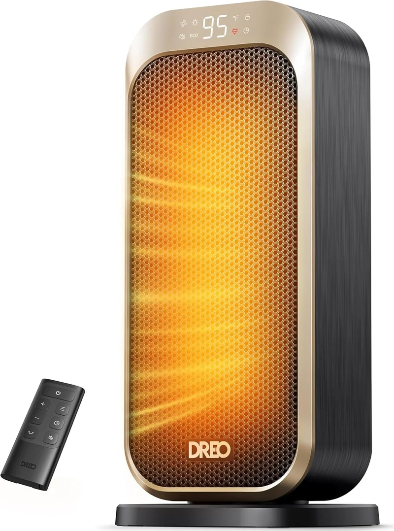 1500W Portable Electric Heater w/ Remote and Thermostat, PTC Ceramic, Safety Heat with 70° Oscillation, Quiet, 12H Timer - Gold