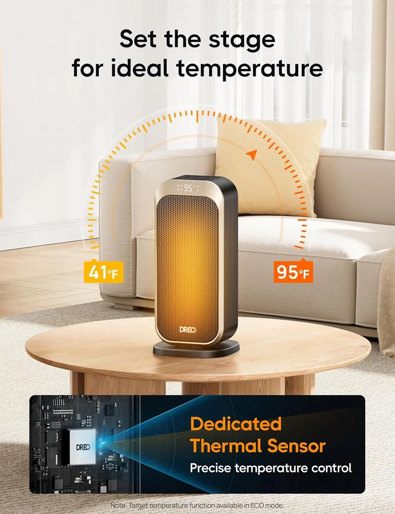 1500W Portable Electric Heater w/ Remote and Thermostat, PTC Ceramic, Safety Heat with 70° Oscillation, Quiet, 12H Timer - Gold