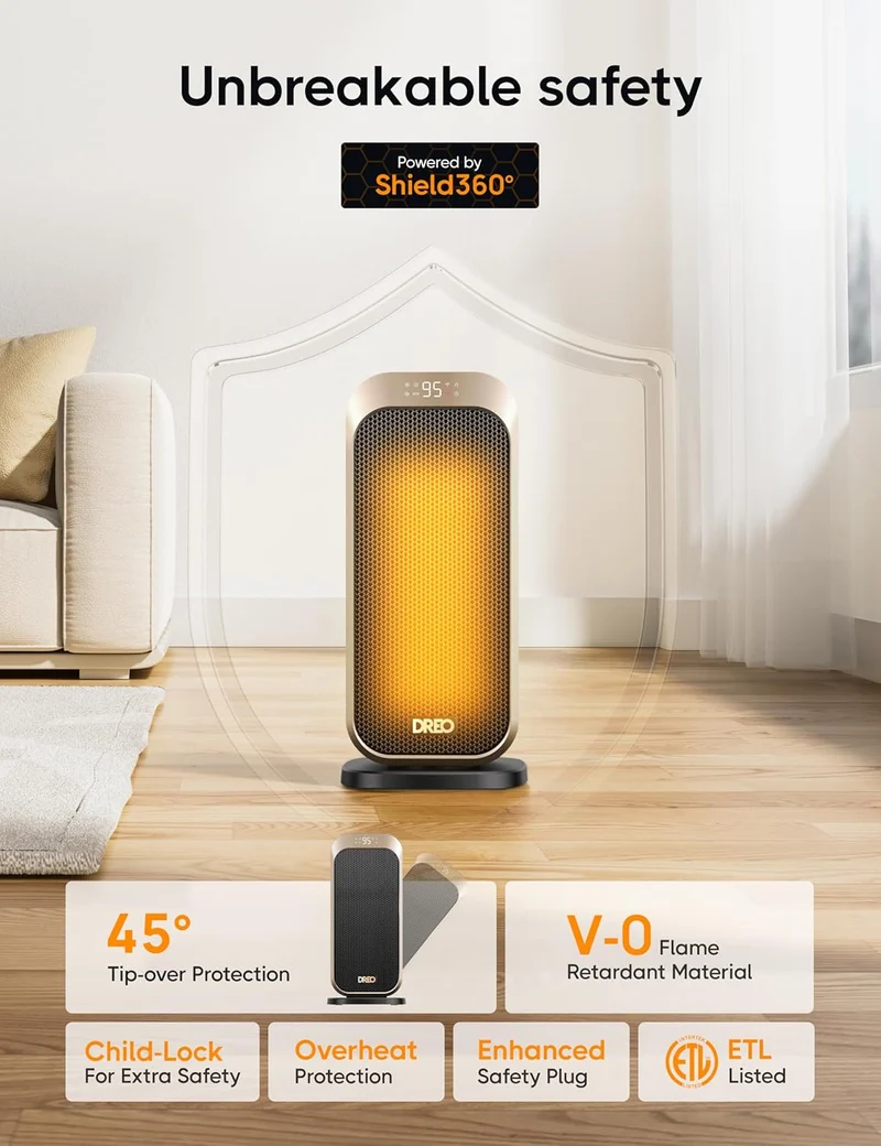 1500W Portable Electric Heater w/ Remote and Thermostat, PTC Ceramic, Safety Heat with 70° Oscillation, Quiet, 12H Timer - Gold