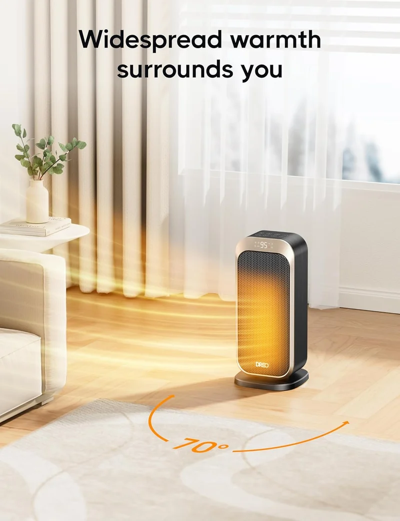 1500W Portable Electric Heater w/ Remote and Thermostat, PTC Ceramic, Safety Heat with 70° Oscillation, Quiet, 12H Timer - Gold