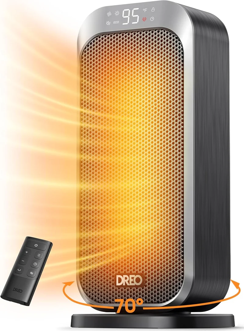 1500W Portable Electric Heater w/ Remote and Thermostat, PTC Ceramic, Safety Heat with 70° Oscillation, Quiet, 12H Timer - Silver