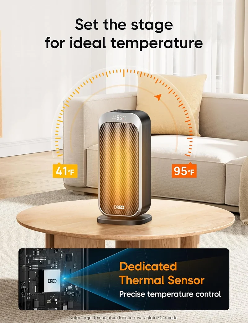 1500W Portable Electric Heater w/ Remote and Thermostat, PTC Ceramic, Safety Heat with 70° Oscillation, Quiet, 12H Timer - Silver