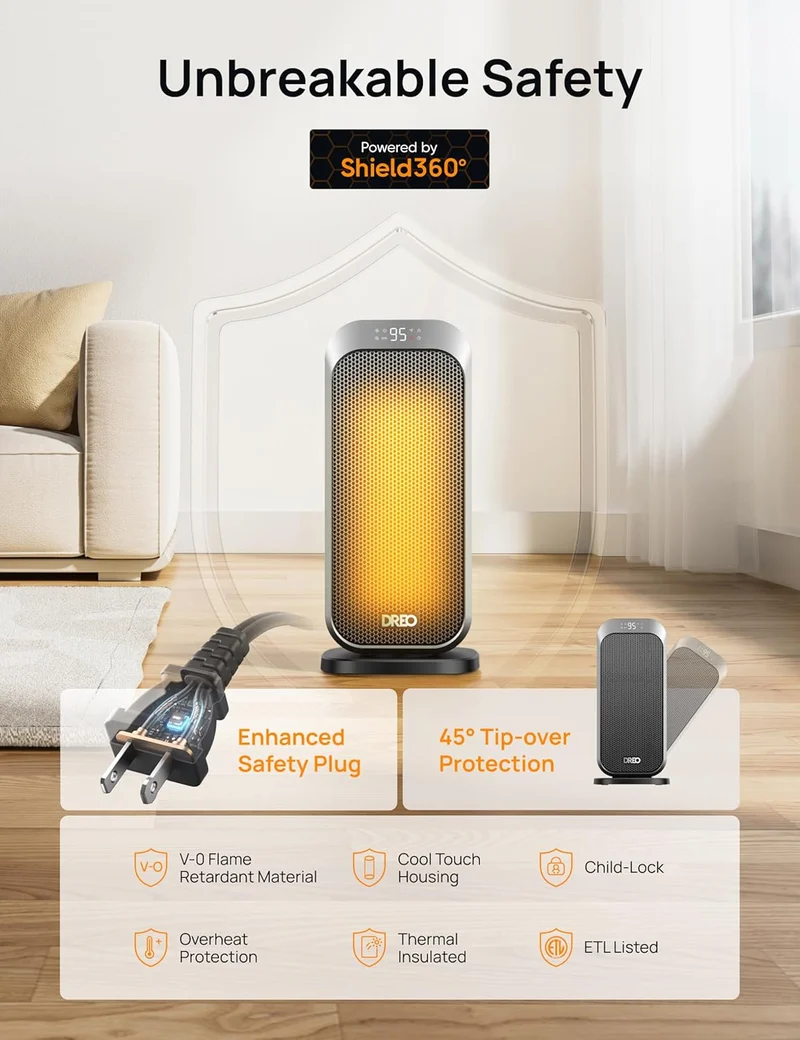 1500W Portable Electric Heater w/ Remote and Thermostat, PTC Ceramic, Safety Heat with 70° Oscillation, Quiet, 12H Timer - Silver