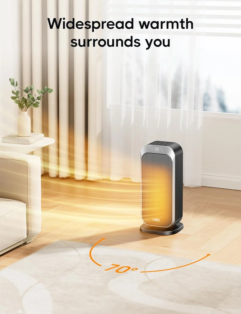 1500W Portable Electric Heater w/ Remote and Thermostat, PTC Ceramic, Safety Heat with 70° Oscillation, Quiet, 12H Timer - Silver