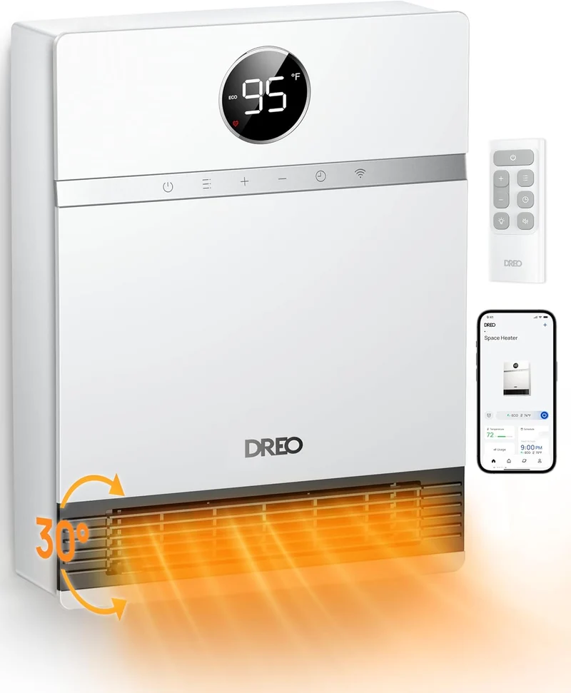 Smart Wall Heater, IP24 Easy-mounted PTC for Indoor Use, 30° Oscillation, Adjustable Thermostat, Remote Control, Works with Alexa, 24H Timer - Standard
