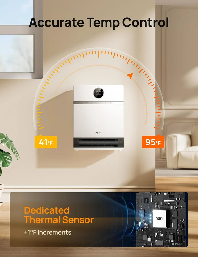 Smart Wall Heater, IP24 Electric w/ ALCI Plug for Indoor Use, 30° Oscillation, Adjustable Thermostat, Remote Control, Works with Alexa, 24H Timer, Easy-mounted