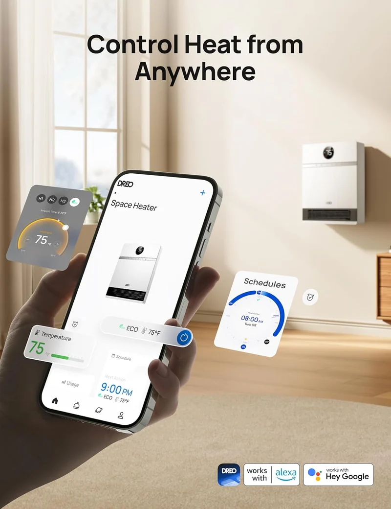 Smart Wall Heater, IP24 Electric w/ ALCI Plug for Indoor Use, 30° Oscillation, Adjustable Thermostat, Remote Control, Works with Alexa, 24H Timer, Easy-mounted