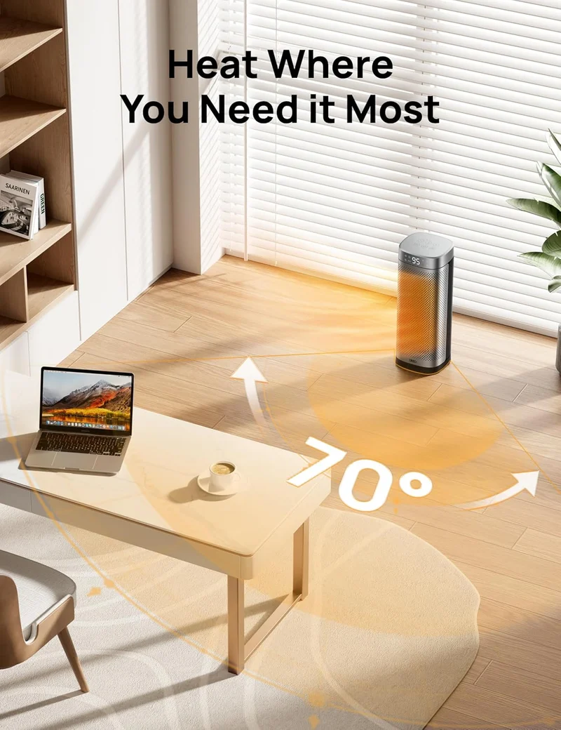 1500W Fast Heating Portable Heaters w/ Remote, Large PTC Ceramic Electric, 12H Timer, 70° Oscillation, Overheat Protection, Safety Heat - Silver