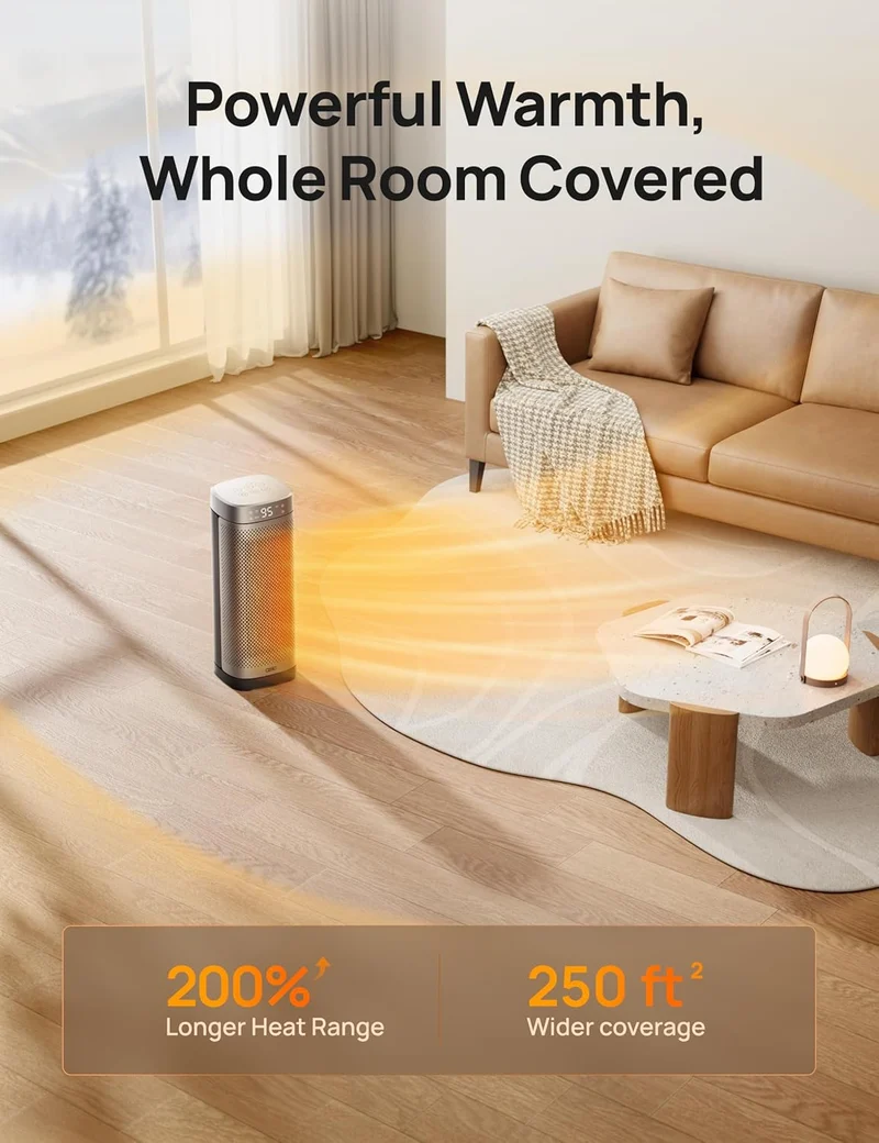 1500W Fast Heating Portable Heaters w/ Remote, Large PTC Ceramic Electric, 12H Timer, 70° Oscillation, Overheat Protection, Safety Heat - Silver