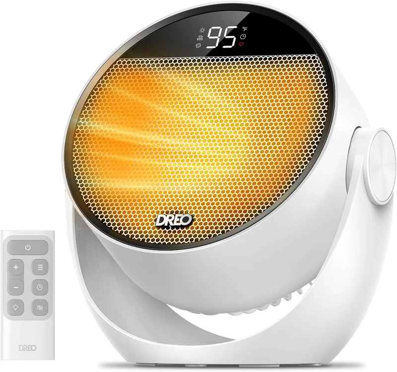 Space Heater 1500W, 60° Adjustable Tilt, 10.5ft/s Portable Electric Heaters for Indoor Use w/ Thermostat, 8 Safety Protections, 3 Modes, Remote - White