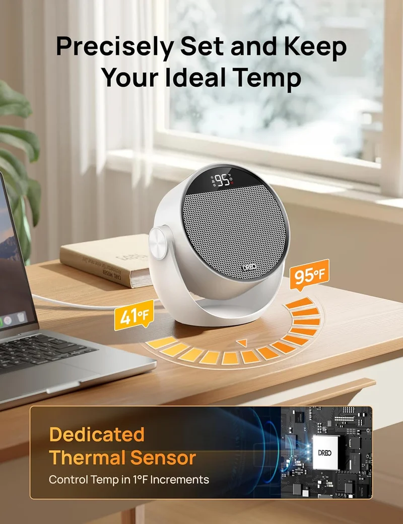 Space Heater 1500W, 60° Adjustable Tilt, 10.5ft/s Portable Electric Heaters for Indoor Use w/ Thermostat, 8 Safety Protections, 3 Modes, Remote - White