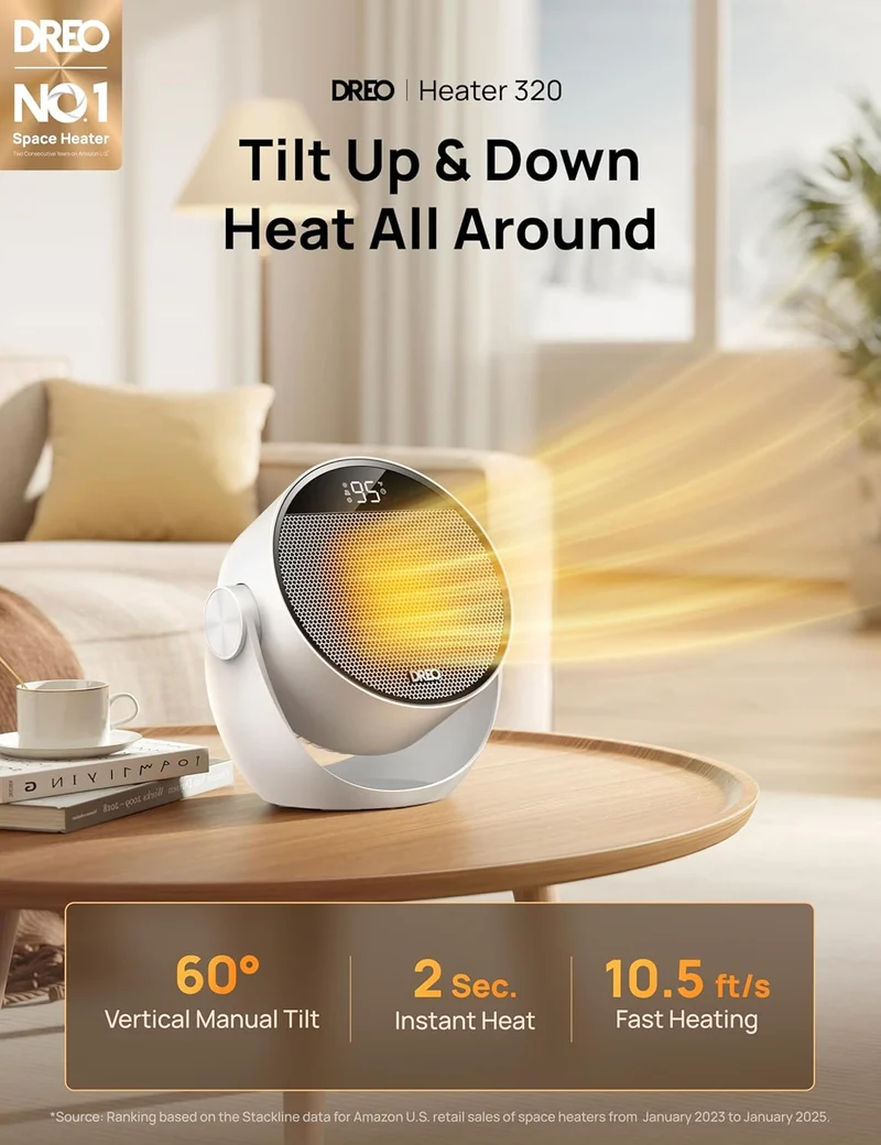 Space Heater 1500W, 60° Adjustable Tilt, 10.5ft/s Portable Electric Heaters for Indoor Use w/ Thermostat, 8 Safety Protections, 3 Modes, Remote - White