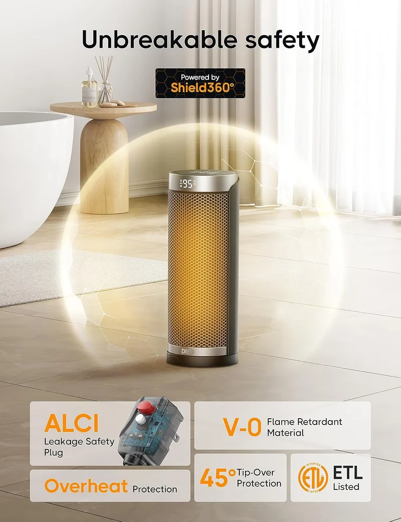 Space Heater Indoor, 70°Oscillating, 5 Modes, Remote for Home Bedroom, 12H Timer, with ALCI Safety Plug
