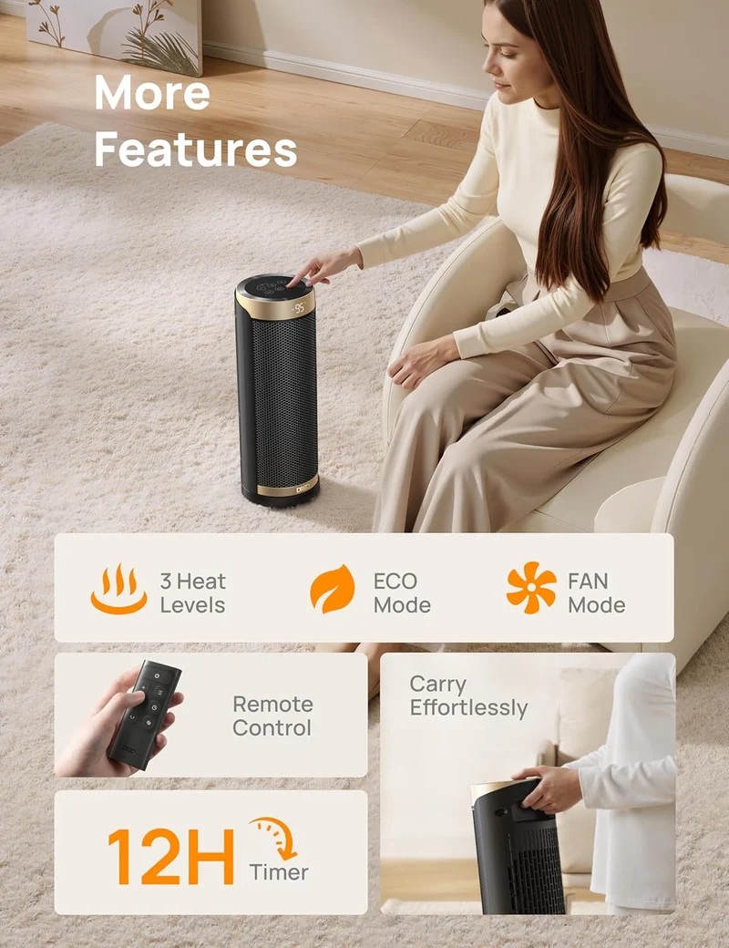 Space Heater, 1500W Electric Heaters for Indoor Use w/ Thermostat, 70° Oscillation, 8 Safety Protections, 5 Modes, Remote, 12H Timer