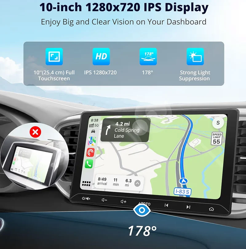 10" Double Din Car Stereo w/ Backup Camera, Wireless CarPlay & Android Auto, GPS Navigation, WiFi/Bluetooth/USB, 24-Band EQ DSP/FM/LRV, MirrorLink
