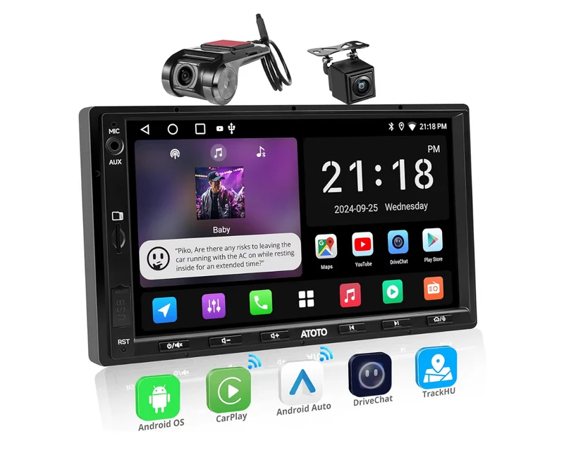 7" Double Din Car Stereo w/ Backup Camera & DVR Dash Cam, Wireless CarPlay and Android Auto, WiFi/Bluetooth/USB Tethering, DSP/FM/AM/SWC Touchscreen