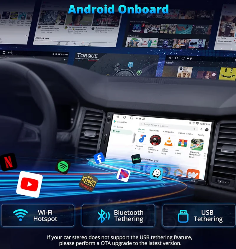 7" Double Din Car Stereo w/ Backup Camera & DVR Dash Cam, Wireless CarPlay and Android Auto, WiFi/Bluetooth/USB Tethering, DSP/FM/AM/SWC Touchscreen
