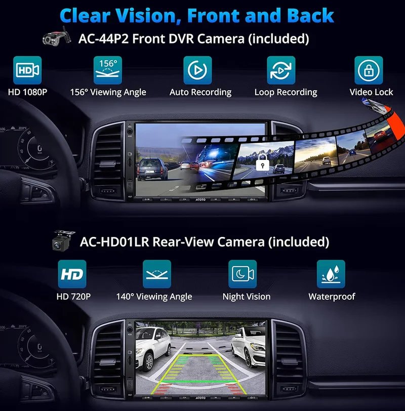7" Double Din Car Stereo w/ Backup Camera & DVR Dash Cam, Wireless CarPlay and Android Auto, WiFi/Bluetooth/USB Tethering, DSP/FM/AM/SWC Touchscreen