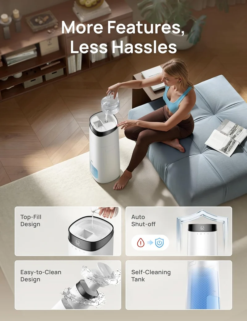 16L Smart Humidifier Large Room 1000 ft², 130H Cool Mist Air Humidifiers Top Fill, Remote/Touch/Voice & APP Control, Self-Cleaning Tank, 30dB, RGB Light - White