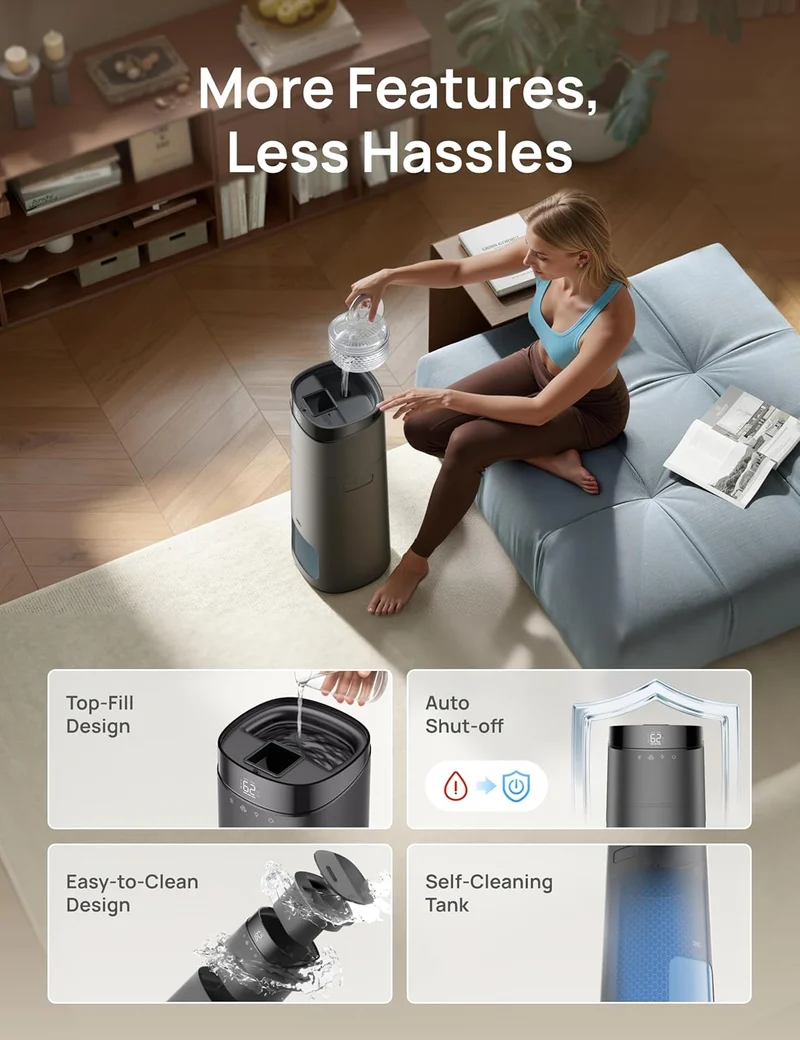 16L Smart Humidifier Large Room 1000 ft², 130H Cool Mist Air Humidifiers Top Fill, Remote/Touch/Voice & APP Control, Self-Cleaning Tank, 30dB, RGB Light - Grey