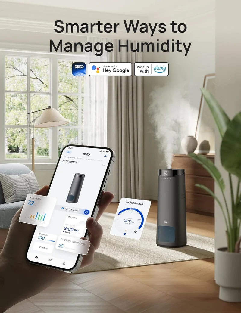 16L Smart Humidifier Large Room 1000 ft², 130H Cool Mist Air Humidifiers Top Fill, Remote/Touch/Voice & APP Control, Self-Cleaning Tank, 30dB, RGB Light - Grey