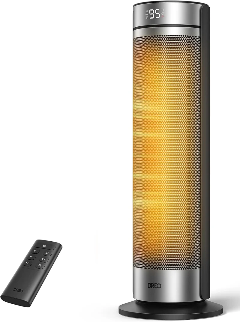 23" Space Heater for Large Room Indoor Use, 8 Safe Protection Tower, 70° Oscillation, PTC Ceramic w/ Thermostat and Remote, Quiet, 12H Timer - Silver