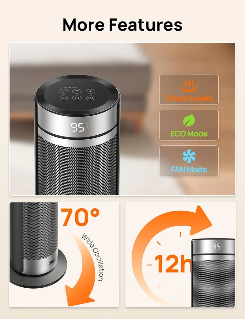 23" Space Heater for Large Room Indoor Use, 8 Safe Protection Tower, 70° Oscillation, PTC Ceramic w/ Thermostat and Remote, Quiet, 12H Timer - Silver