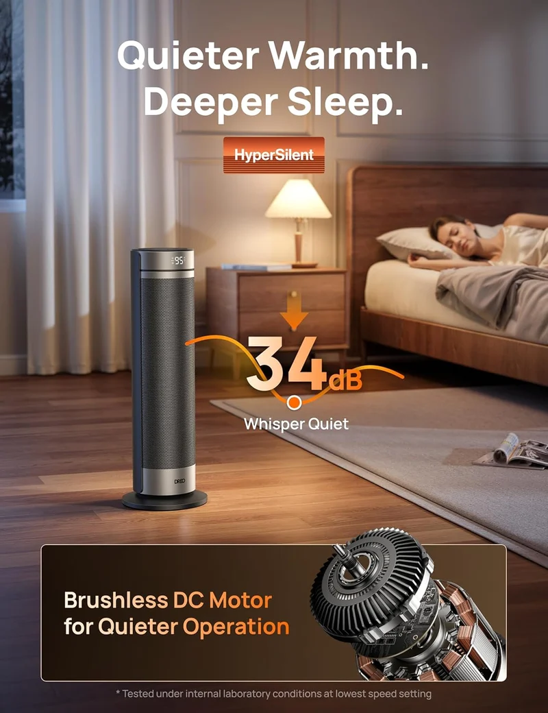 23" Space Heater for Large Room Indoor Use, 8 Safe Protection Tower, 70° Oscillation, PTC Ceramic w/ Thermostat and Remote, Quiet, 12H Timer - Silver