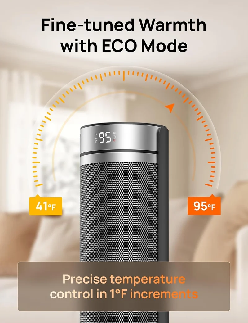 23" Space Heater for Large Room Indoor Use, 8 Safe Protection Tower, 70° Oscillation, PTC Ceramic w/ Thermostat and Remote, Quiet, 12H Timer - Silver
